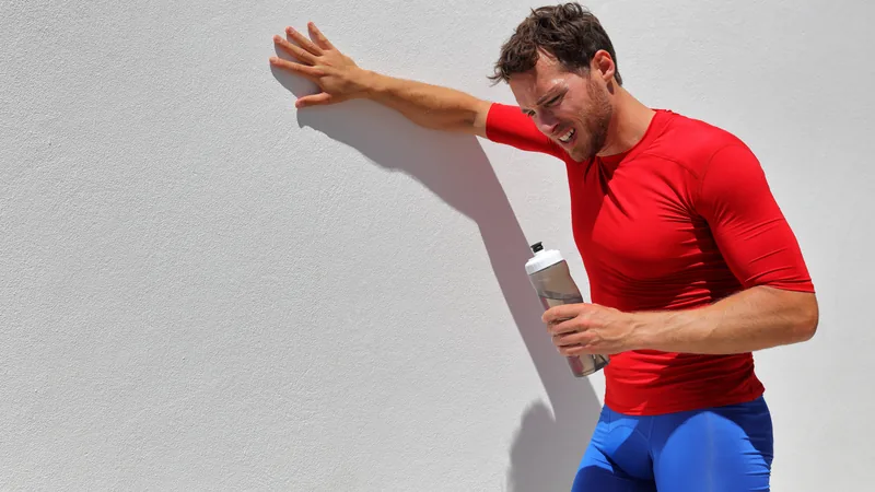 A man experiencing dehydration symptoms from heat exhaustion while holding a water bottle outdoors