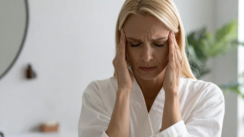 A woman experiencing migraine symptoms while pressing her temples indoors